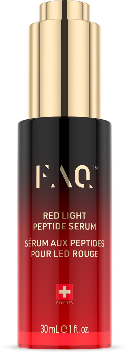 A cosmetic bottle with a gold cap, black and red body, and the label 'INQ Red Light Peptide Serum' with Swiss cross.