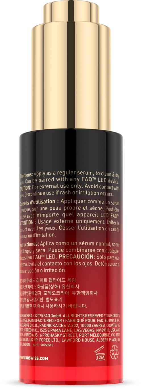 A perfume or cosmetic bottle with a black and red body and a gold cap.