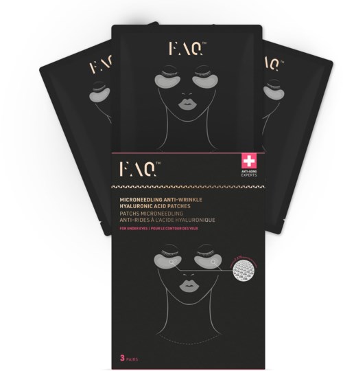 Zwarte verpakking met een gezicht met oogmasker, roos en lippen. Bevat drie gezichtspatches voor huidverzorging, gemarkeerd voor anti-rimpelgebruik.