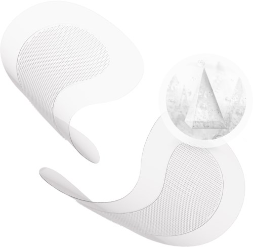 Abstracte witte vormen met dotted patronen omringen een kleine cirkel met piramides.