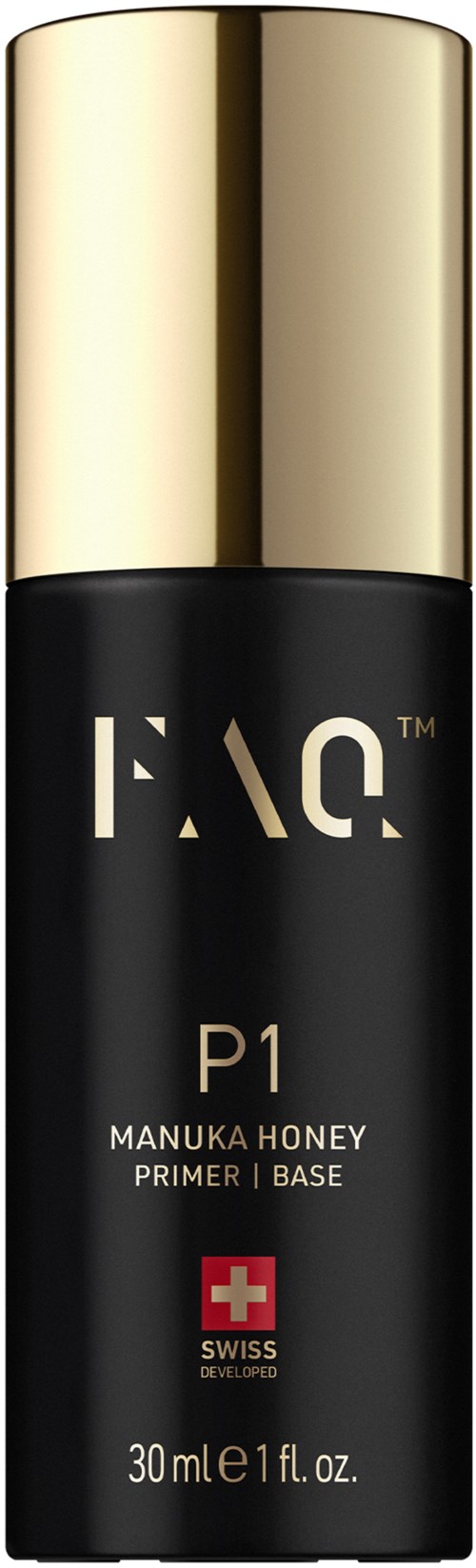 Eine schwarze Flasche mit goldener Kappe, beschriftet P1 Manuka Honey Primer, von Swiss Dermal Science, 30 ml.