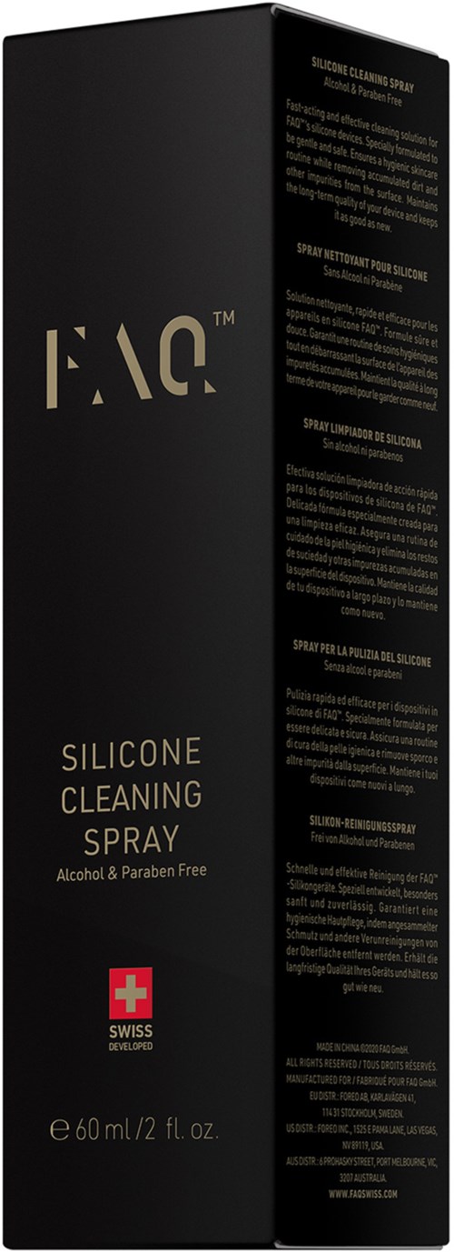 En svart förpackning av silikonrengöringsspray med text, varumärkeslogga och schweiziska flaggan, som visar att den är alkoholfri och parabefri.