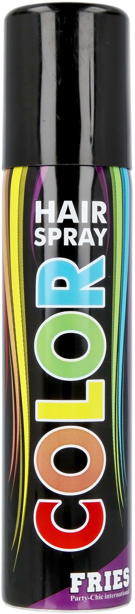 A black can of hair spray with colorful wavy lines and the words "HAIR SPRAY COLOR" on it.
