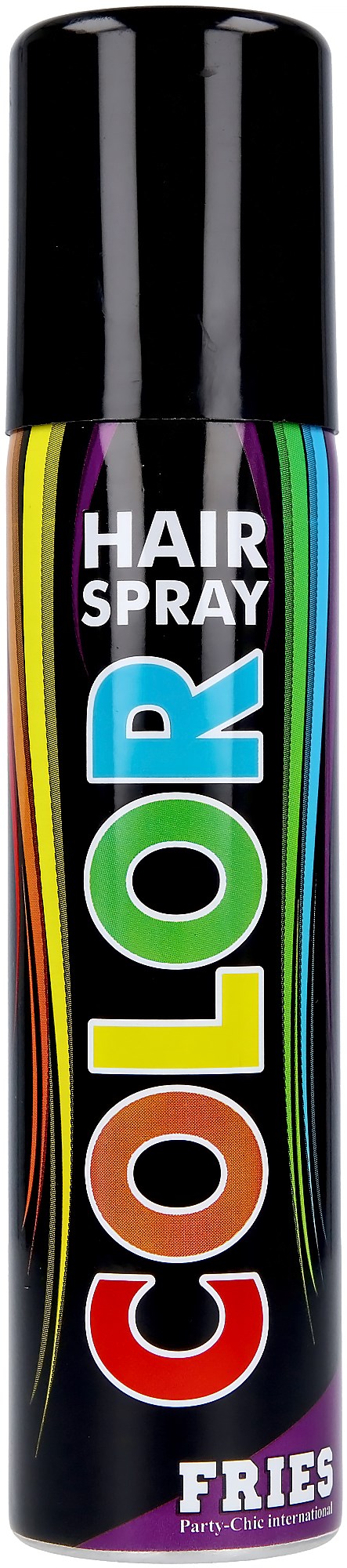 A black can labeled 'Hair Spray Color' with rainbow-colored streaks and the words 'FRIES Party-Chic.'