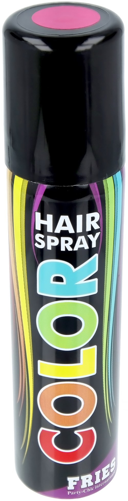 A black spray bottle with colorful 'COLOR' text, labeled as hair spray, with a pink top.