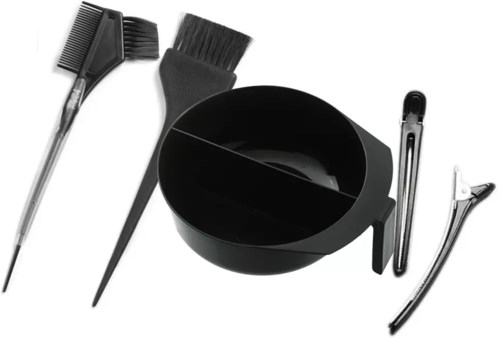 Tools for haircutting include scissors, brushes, a bowl, and a clipper.