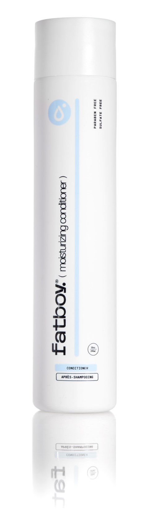 Een lange witte fles voor hydratatie van Fatboy, met blauwe en zwarte tekst, staand rechtop.