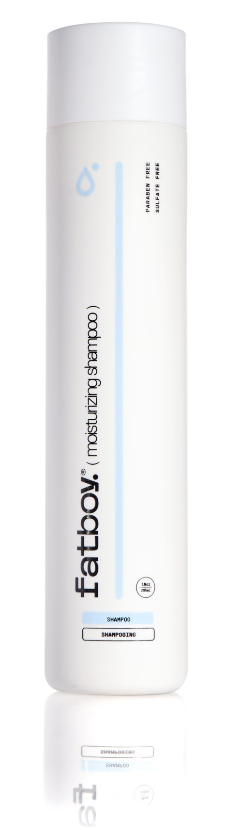 Een witte fles met tekst, een klein waterdruppel-icoon en vermelding van hydraterende shampoo.