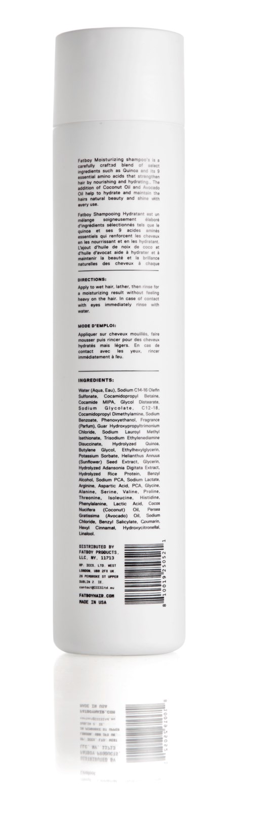 Een lange witte container met tekst en barcode, vermoedelijk een verzorgingsproduct zoals lotion of shampoo.