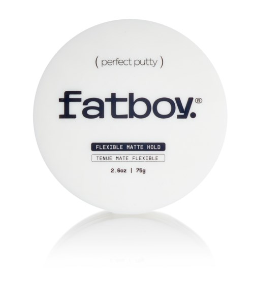A round container of Fatboy matte hold with text about flexible matte hold and weight.