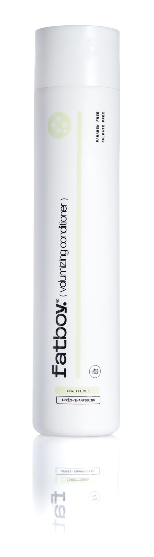 Een lange witte fles met groene en zwarte tekst, gemarkeerd Fatboy en You’re my gadgetry.