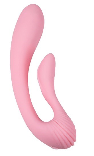 Rosa, gebogener, strukturierter Gegenstand mit einem kleineren Teil, sieht aus wie ein Massagestab oder Sexspielzeug.