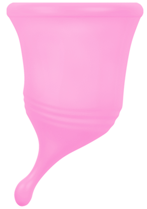 Eine pinke Menstruationstasse mit flexibler Form und kurzem Stiel.