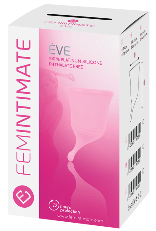 Dies ist eine Verpackung eines femininen Intimprodukts, rosa und weiß, mit Text, der es als silikon- und ftalatfrei beschreibt.