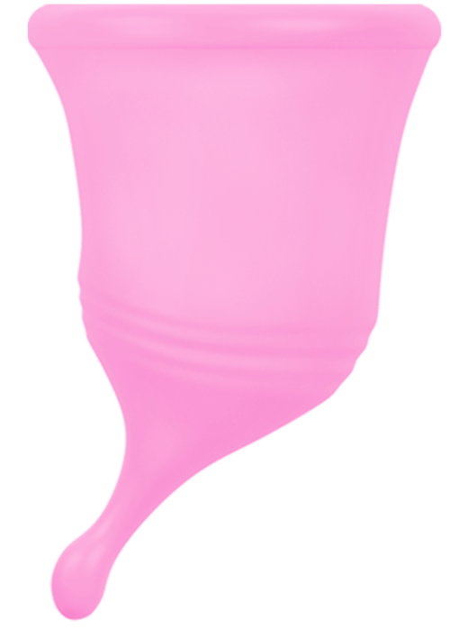 Ein rosa Menstruationstasse mit rundem oberen Rand und kleinem Stiel am unteren Ende.