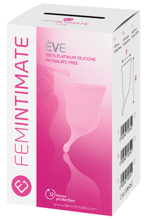 Box zeigt eine pink-weiße Tamponverpackung mit dem Namen 'EVE Feminimate' und Schutz für 12 Stunden.