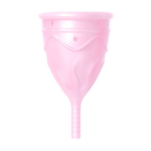 En rosa menstruasjonskopp med rund kopp og små håndtak, laget av myk silikone, for kvinnesunnhet.