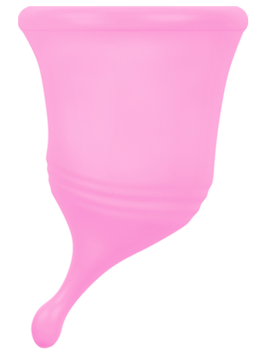 Rosa Menstruationscup mit breiter Öffnung und kleinem, gebogenem Griff für einfache Entfernung.