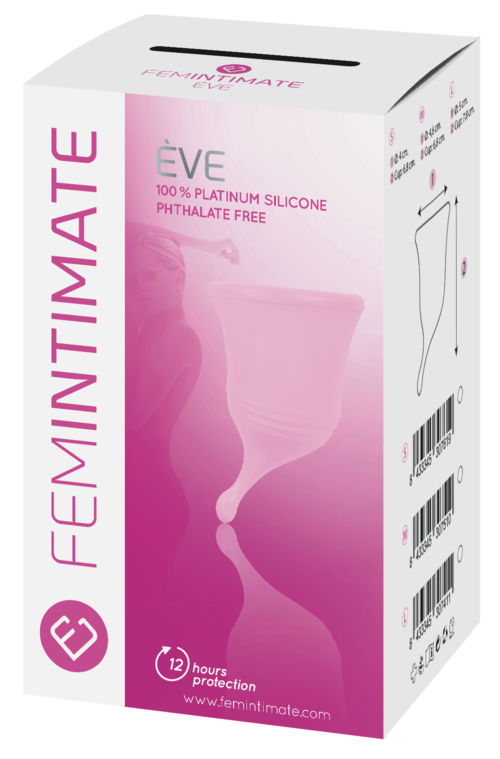 Verpackung eines Damenhygieneprodukts, hauptsächlich pink und weiß, zeigt einen Tampon und Produktdetails.