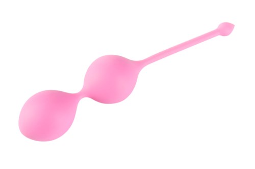 Rosa Analperlen, glatt, rund, verbunden durch eine Schnur, mit Griff zum Ziehen, auf weißen Hintergrund.