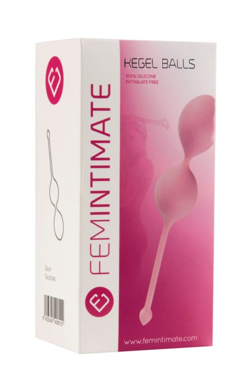 Box mit rosa und weißen Farben, gekennzeichnet 'Feminimate' und 'Kegel Balls,' zeigt eine Illustration des Produkts.