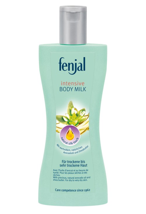 Eine hellgrüne Flasche Fenjal Intensive Body Milk mit silberner Kappe, mit Avocado- und Sheabutter-Illustration.