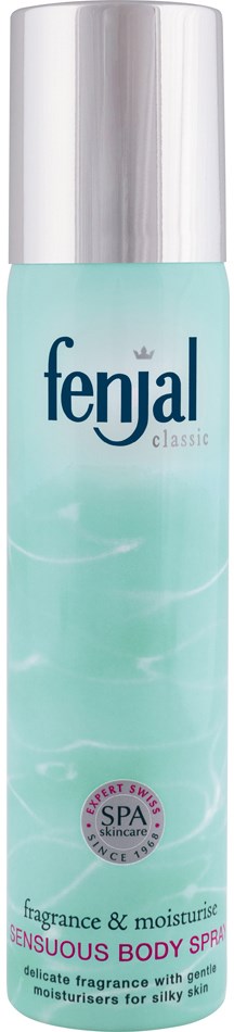 Eine lange Flasche mit silberner Kappe, hellblaue Flüssigkeit und Markenname 'Fenjal' auf der Vorderseite.