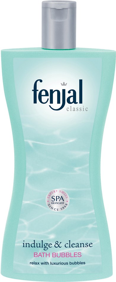 Eine Flasche mit blauer Flüssigkeit, silberner Kappe, beschriftet 'fenjal classic indulge & cleanse bath bubbles.'