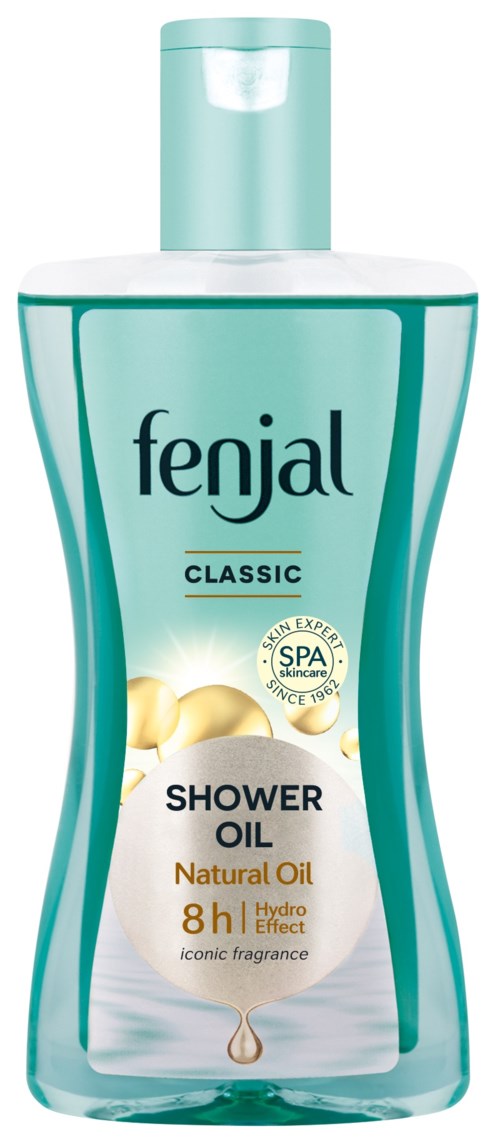Eine Flasche Fenjal Classic Duschöl mit hellblauem Deckel und Etikett, zeigt natürliche Öl- und Hydrationssymbole.