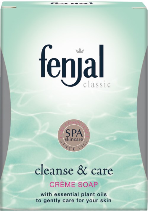 Eine Packung Fenjal classic cleanse & care Cremeseife mit Pflanzenölen, SPA-Hautpflege und hellgrünem Design.