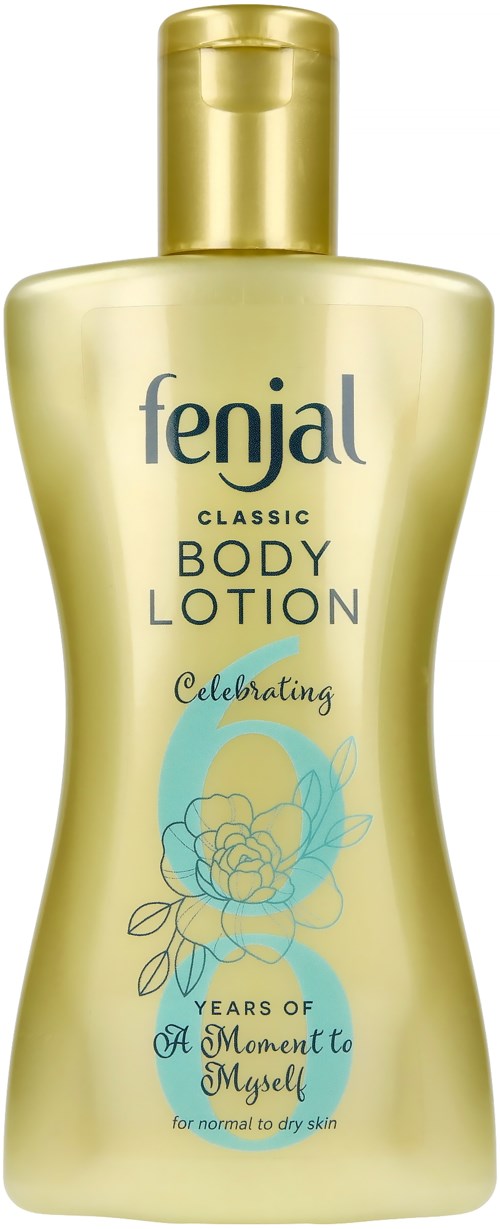 Eine goldene Flasche mit Bodylotion, blaue Blumen und Text, feiert 17 Jahre. Es sagt 'fenjal' und 'Classic Body Lotion'.
