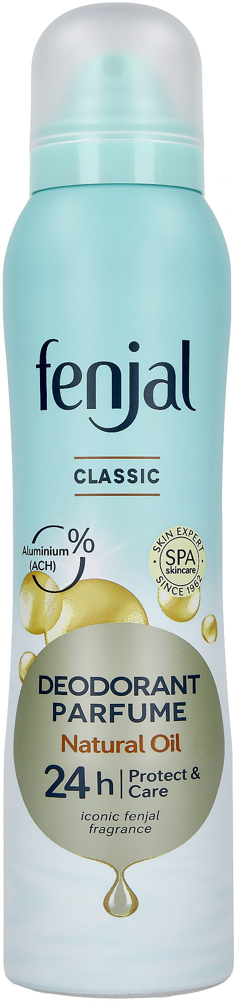 Hellblauer Spray-Deodorant mit Fenjal-Marke, natürlicher Ölduft, 24-Stunden-Schutz, weißer Deckel.