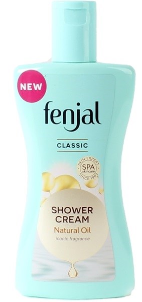Eine hellblaue Flasche mit Duschcreme, weißer Kappe, mit 'Fenjal Classic' Beschriftung und gelbem Blumen- und Creme-Design.