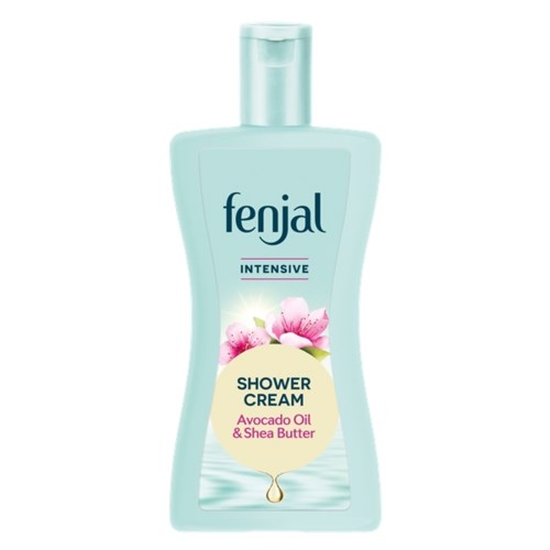 Hellblaue Flasche mit Duschcreme, rosa Blumen und Avocado-Abbildungen, beschriftet 'Fenjal Intensive Shower Cream' mit 'Avocado Oil & Shea Butter.'