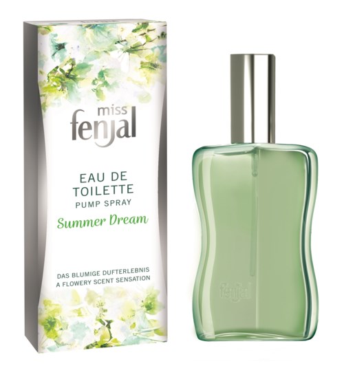 Ein Parfümflasche und eine Schachtel für Miss Fenjal Summer Dream Eau de Toilette. Die Schachtel hat grüne und weiße Blumenmuster.
