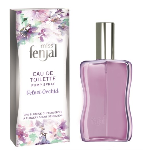 Ein Parfümflasche und eine Schachtel mit floralen lila, pink und grünen Farben für Velvet Orchid Duft.
