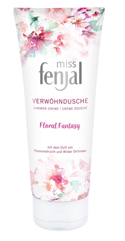 Ein floral duftendes Duschcreme in einer weißen Tube mit rosa und grünen Blumenmustern und Text.