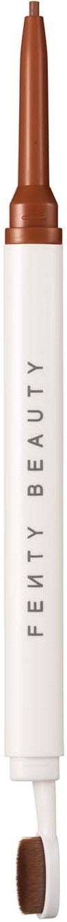 Fenty Beauty lip gloss with a brown cap and white body, showing the brand name vertically.