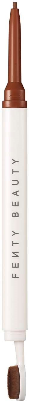 A dual-ended makeup brush with brown and white handle, labeled 'Fenty Beauty,' used for applying makeup.