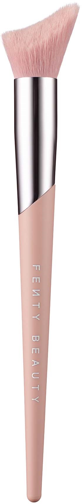 A makeup brush with pink bristles, a metallic silver handle, and "Fenty Beauty" written on it.