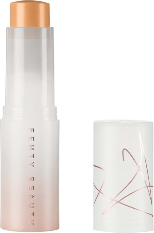 A white bottle with a pink label and a gold cap, and a separate white container with pink and red lines.
