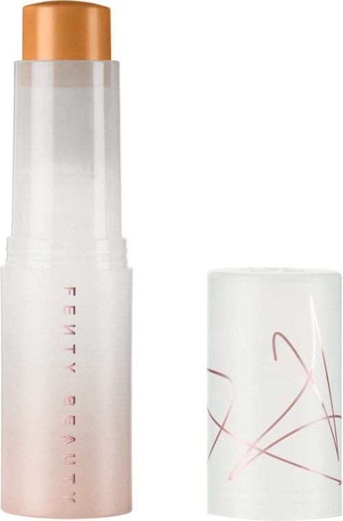 A tall white bottle with a gold cap and pink text, alongside a white container with pink lines.