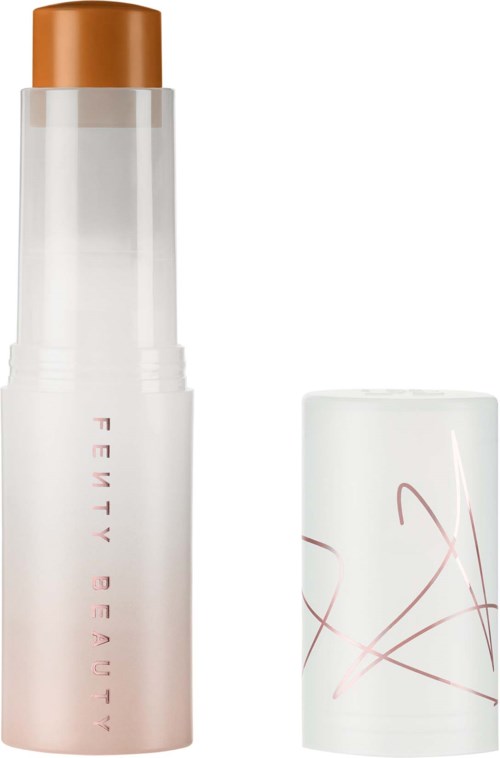 A tall white bottle with a brown cap and a separate white cap with pink lines, likely a cosmetic product.