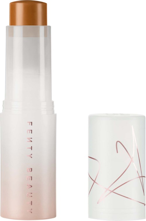 A tall, white bottle with a brown cap and pink text, next to a white container with pink and red lines.
