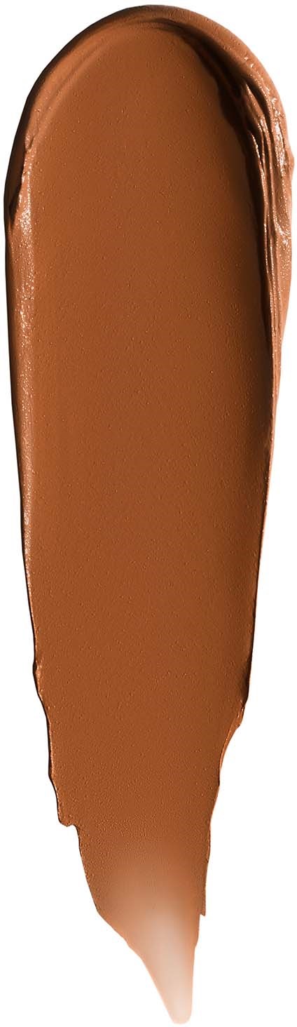 A brown makeup swatch smeared on white background, with a tapered tip at the bottom.