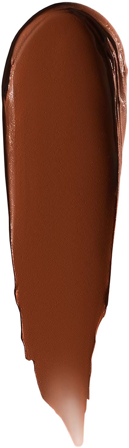 A smear of brown lipstick with a pointed tip on a white background.