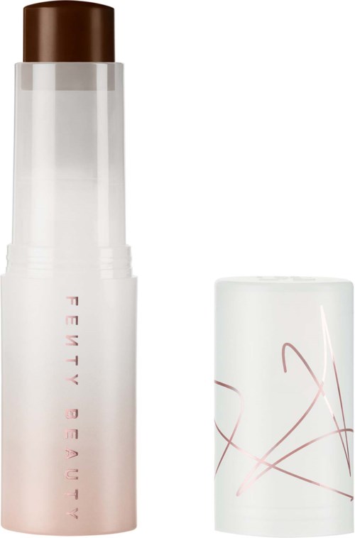 A white bottle with a brown cap and pink text, beside a white container with pink lines design.