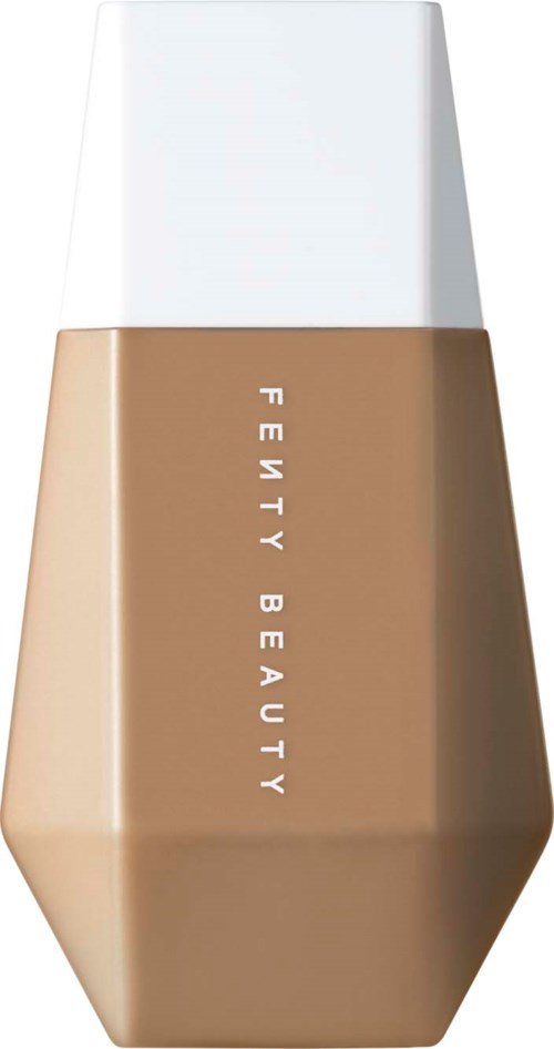 Fenty Beauty foundation bottle with a white cap and beige body. Simple and elegant design.