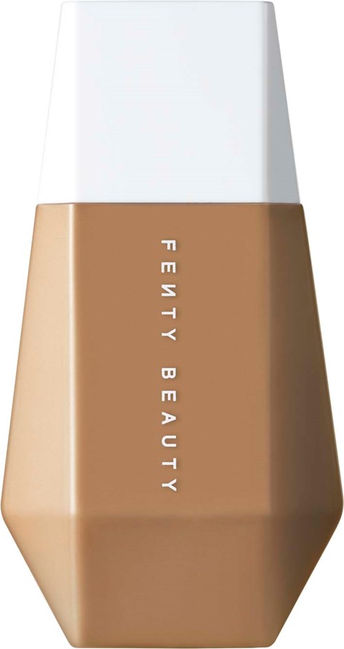 A beige liquid foundation bottle with a white cap. The brand name, 'FENTY BEAUTY,' is written vertically in white text.