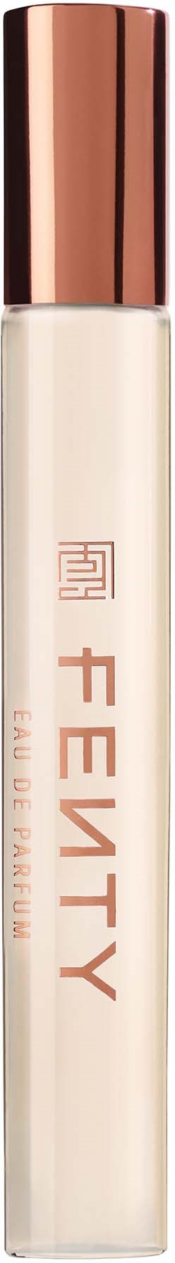 A white spray bottle with a gold cap and red text that says "Fenty Beauty" on it.